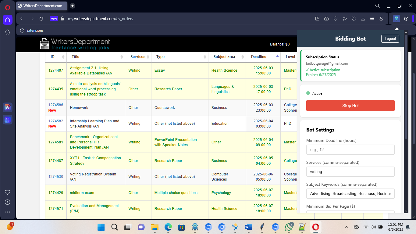 writersdepartment Bidding-bot- Academic Automation Software - Academic bidding automation software